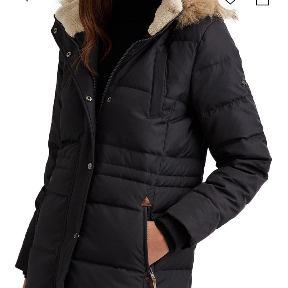 NEW Womens X-Large Black Ralph Lauren Down Puffer Coat, Faux Fur Hood